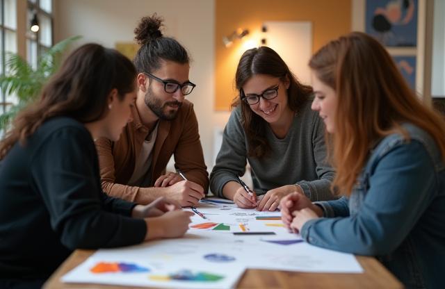 Photo of the Aura Art Studio team collaborating around a table in their office.